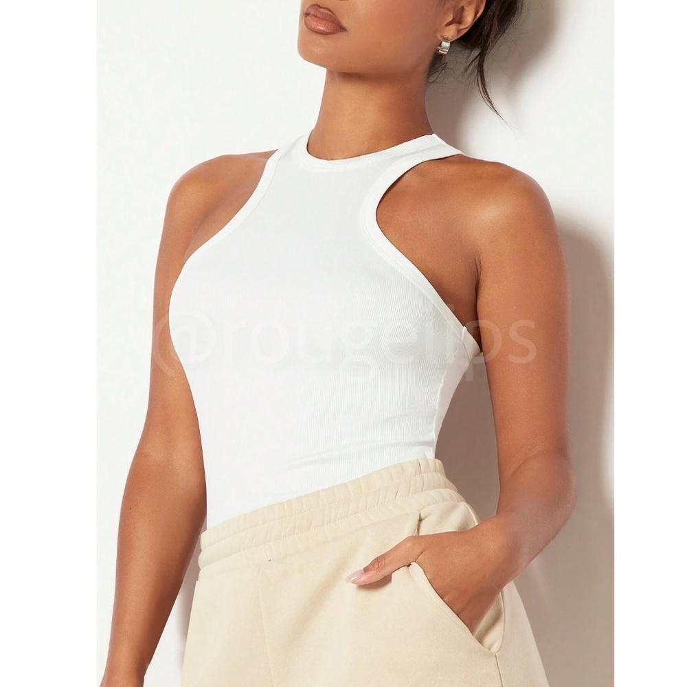 White Rib Knit Racer Back Front Casual Basic Tank Top Shirt